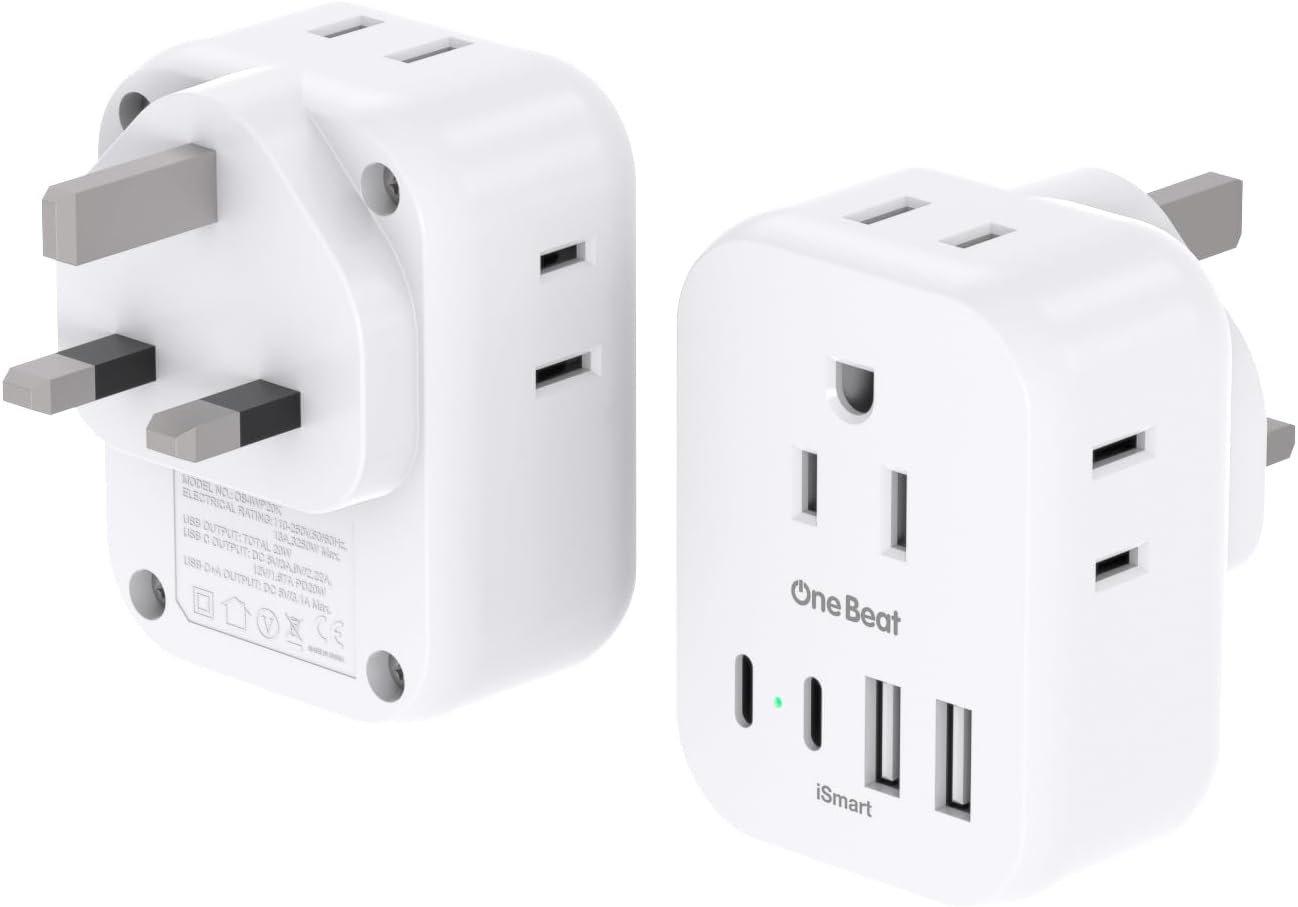 2 Pack PD 20W US to UK Ireland Travel Plug Adapter, Type G Power Adapter with 4 AC Outlets and 4 USB Ports (2 USB C), Travel Essentials for USA to Dubai Scotland British London England Hong Kong Irish